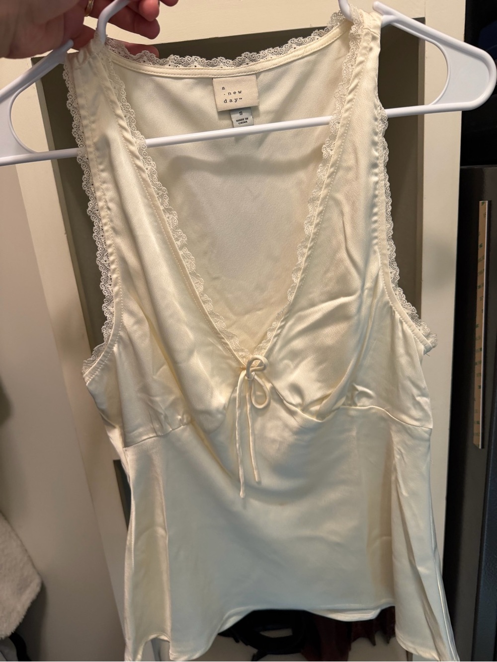 PaleYellow Satin Lace-Trim Top